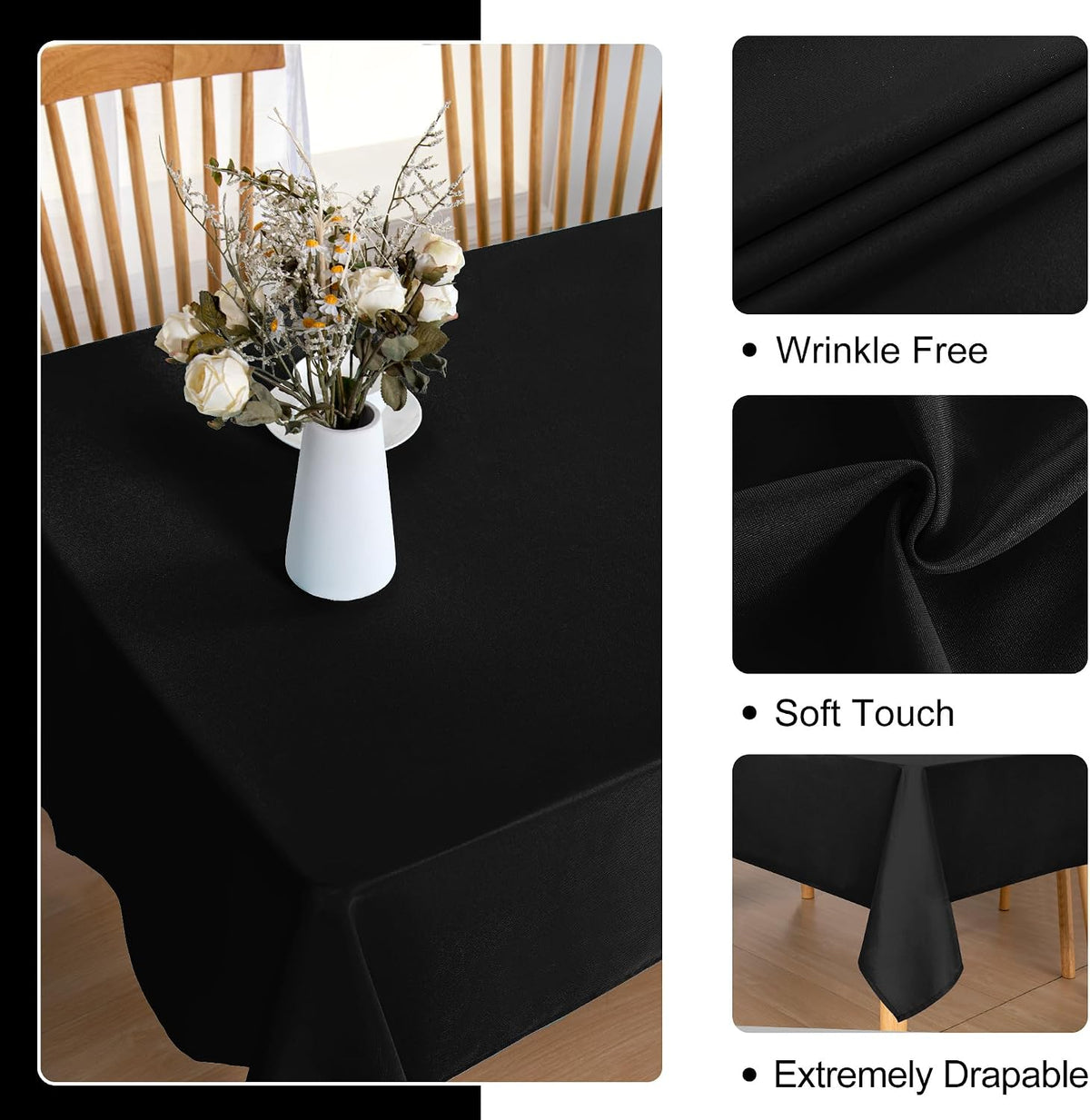 DWCN Rectangle Tablecloth - 60 x 84 Inch - Waterproof Stain and Wrinkle Resistant Washable Table Cloth, Decorative Fabric Table Cover for Kitchen Dining Room Party and Outdoor Use, Black