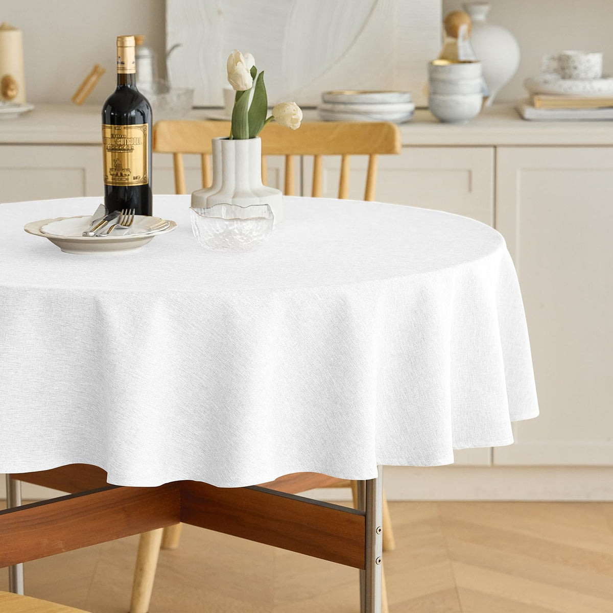 Decorelia Waterproof Round Tablecloth for Round Dining Table, Decorative Rustic Soft Wipeable Table Cloths Cover Indoor Outdoor Use for Holiday,Wedding, Kitchen (70 Inch,Round (4-6 Seats),Beige)
