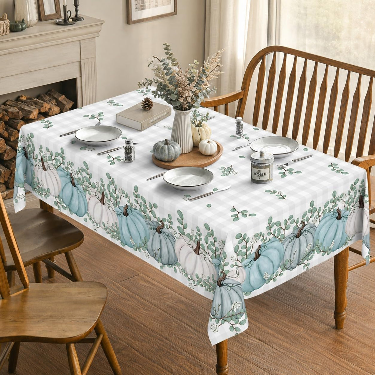 Horaldaily Fall Tablecloth 60x84 Inch Rectangular, Thanksgiving Autumn Harvest Blue Pumpkin Buffalo Plaid Table Cover for Party Picnic Dinner Decor