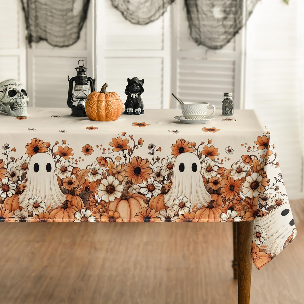 Horaldaily Halloween Tablecloth 60 x 84 Inch Rectangular Ghost Flower