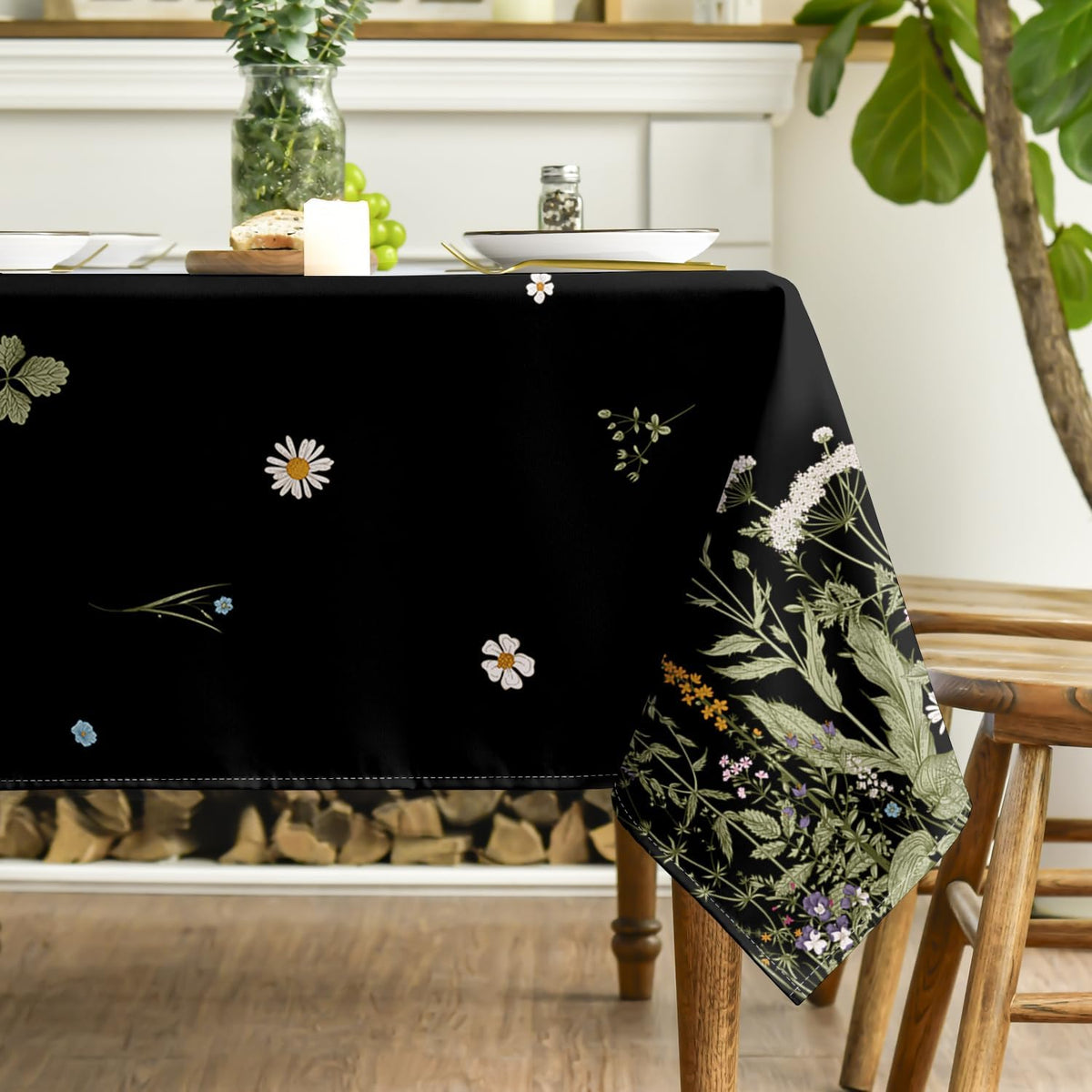 Horaldaily Spring Tablecloth 60 x 84 Inch Rectangular Black Wild Flower