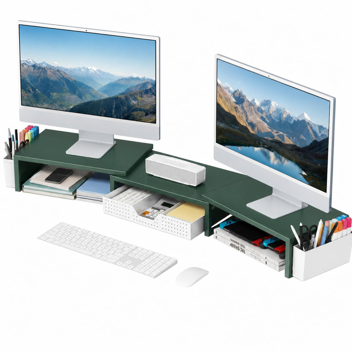 OPNICE Desk Organizers and Accessories, Dual Monitor Stand Riser with Drawer and 2 Pen Holders, Desk Shelf Computer Racks & Printer Stand for Office Workspace Organizers, Desktop Organization (Purple)