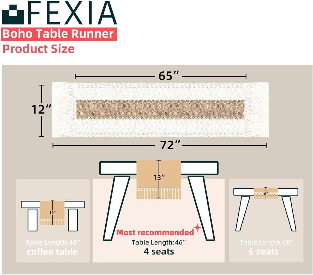 FEXIA Boho Table Runner for Fall Home Decor 12x72 Rustic with Tassels