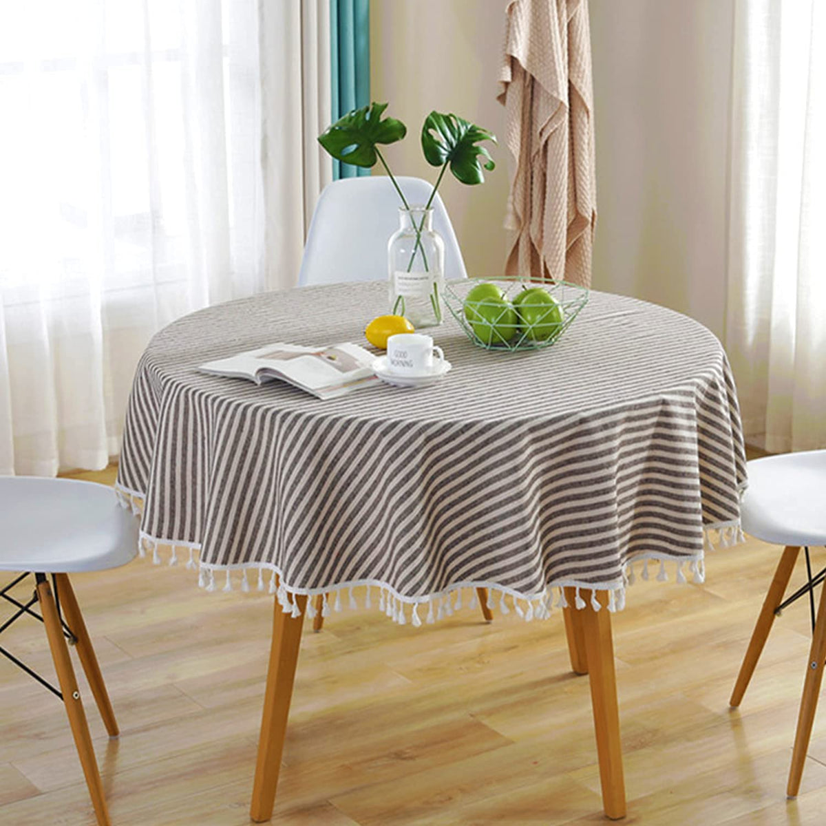 meioro Table Cloth Blue White Striped Tablecloth Tassels Cotton Blend Dust-Proof Table Cover for Dining Coffee Buffet Kitchen Picnic Tables, Parties Indoor Outdoor Square Tablecloths (36x36 Inch)
