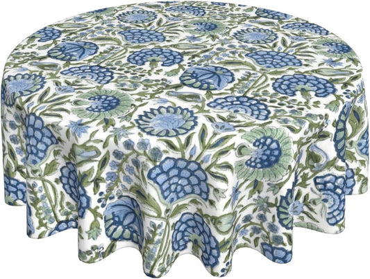 Boho Round Tablecloth 70 Inch Blue Green Vintage Floral Table Cloth Chinoiserie Flower Spring Summer Table Covers Polyester Indoor Outdoor Farmhouse Tablecloths for Kitchen Dining Party Picnic
