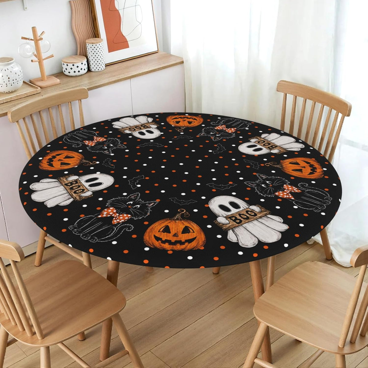 Halloween Polka Dot Round Fitted Tablecloth with Elastic Black Cat Ghost Pumpkin Bat Bowtie Whimsical Table Cloth Decorative Washable Spooky Cute Table Cover Outdoor Kitchen Dining for 44"-48" Table