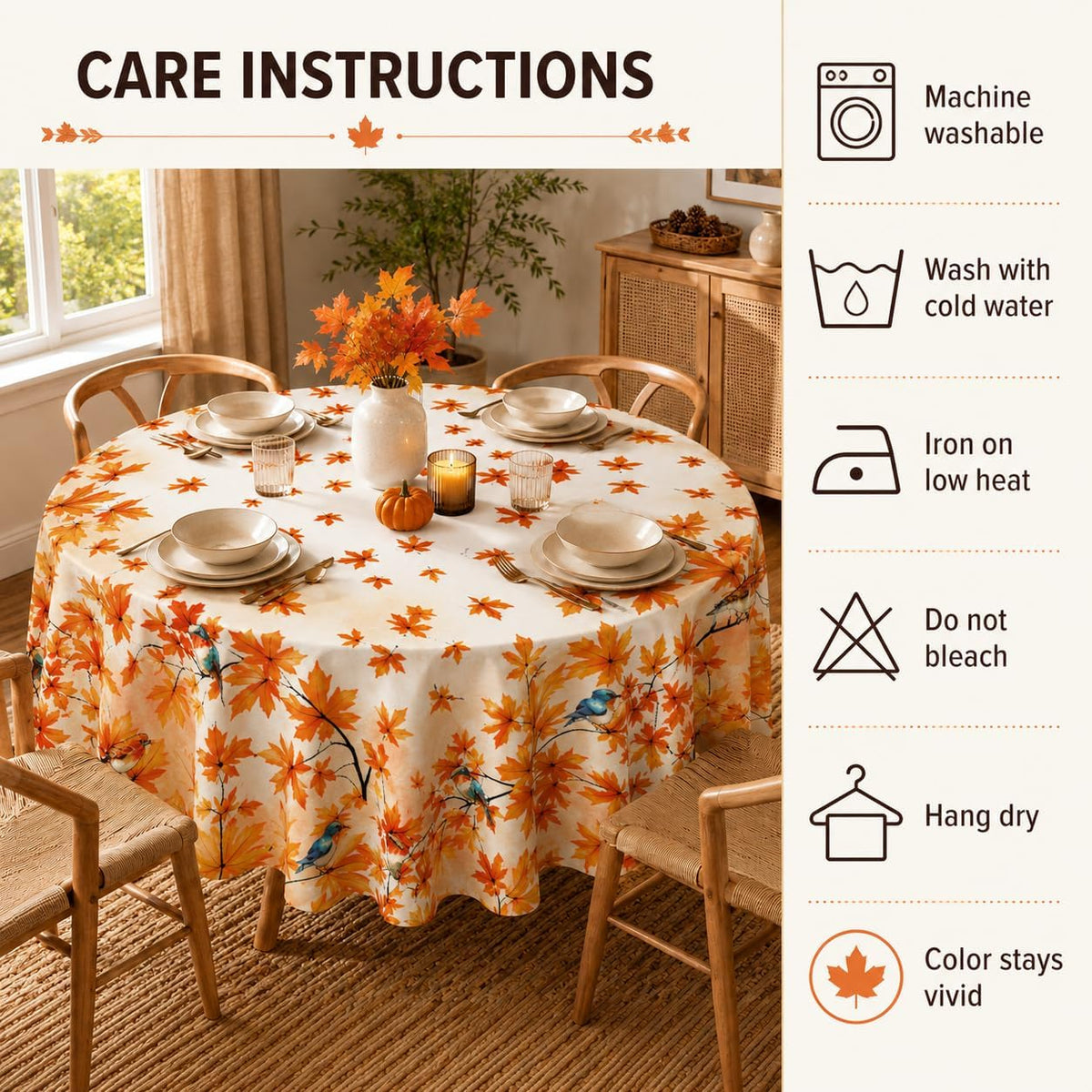 Fall Round Tablecloth 60x60 Inch Autumn Maple Leaves Birds Table Cover Holiday Decorations Seasonal Decor for Home Kitchen Dining Room Picnic Party