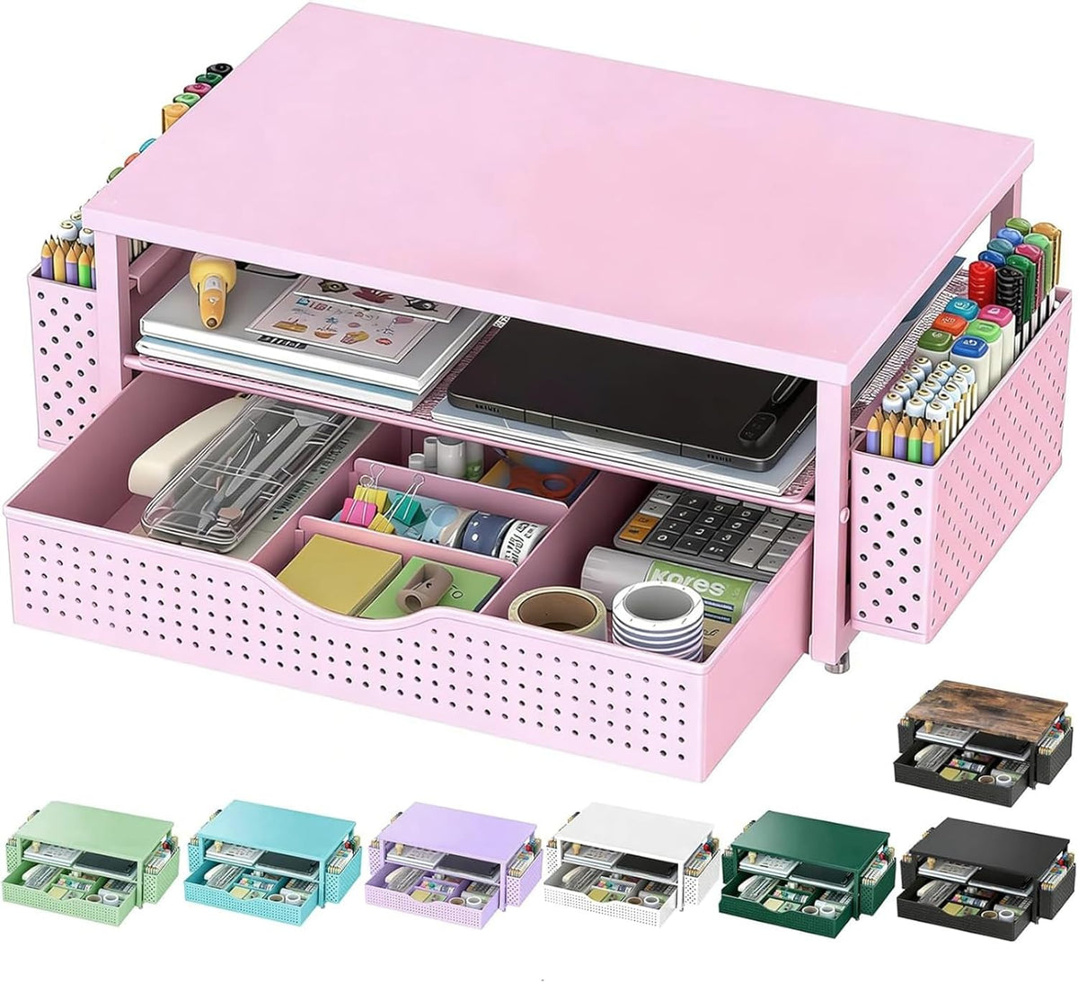 Spacrea Computer Monitor Stand with Drawer and 2 Pen Holders, Pink