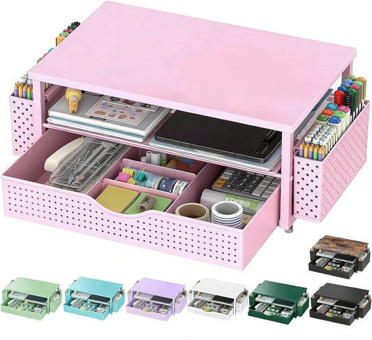 Spacrea Computer Monitor Stand with Drawer and 2 Pen Holders, Pink