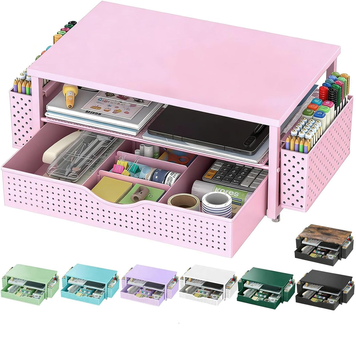 Spacrea Computer Monitor Stand with Drawer and 2 Pen Holders, Pink