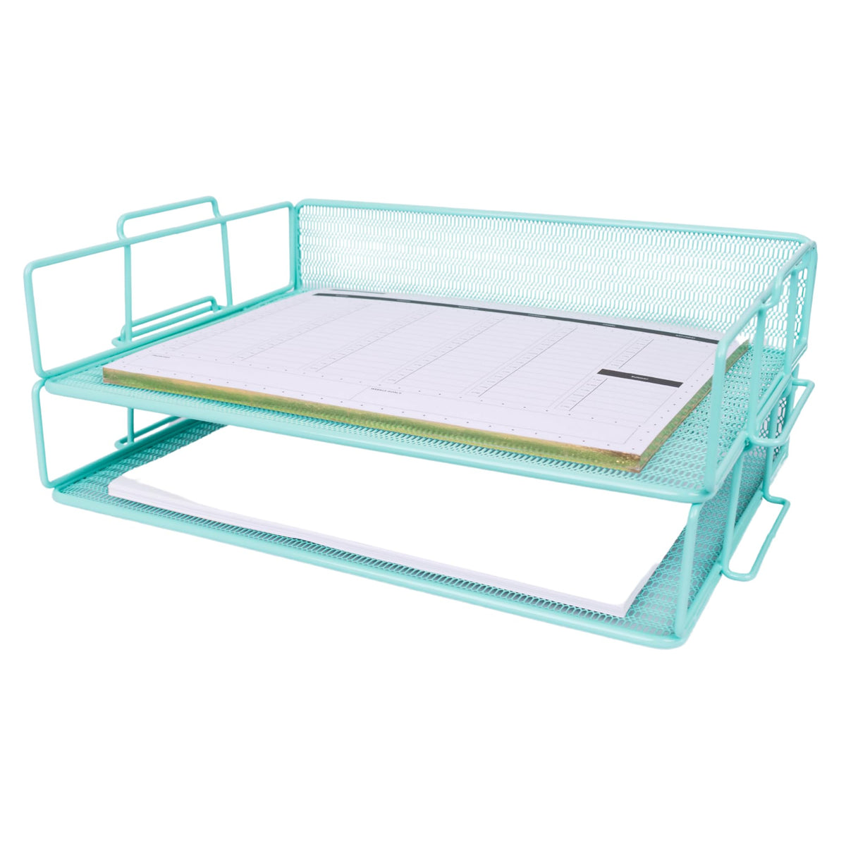 BLU MONACO | Paper Tray Stackable Gold Mesh Set of 2 | Stackable File Trays for Desk Organization | Tiered Desk Organizer with Metal Letter Trays