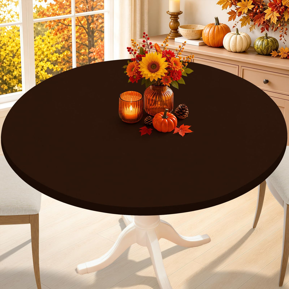 Smiry Thanksgiving Round Spandex Tablecloth, Fitted Cover for 36"-44" Table