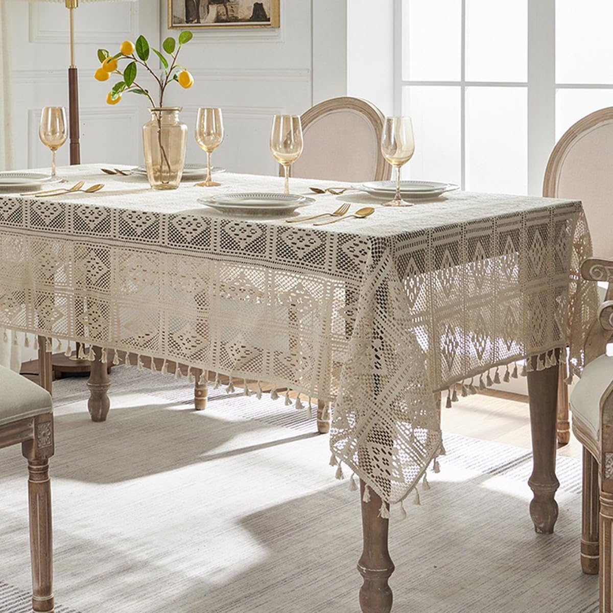 Bohemian Cotton Linen Tablecloth, Beige, 60"x70"
