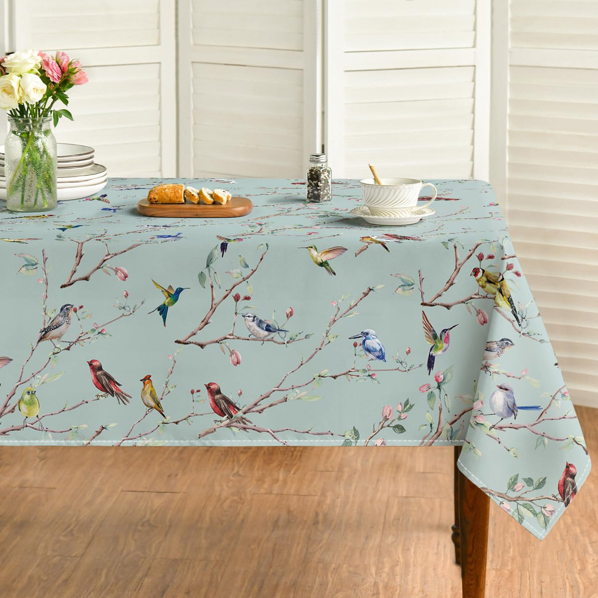 Horaldaily Spring Tablecloth 60 x 84 Inch Rectangular Birds Branch Beige