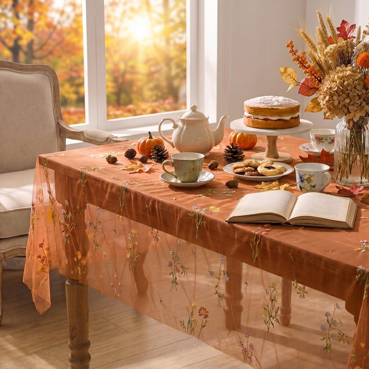 Horaldaily Embroidery Fall Caramel Tablecloth 60×84 Inch Rectangular