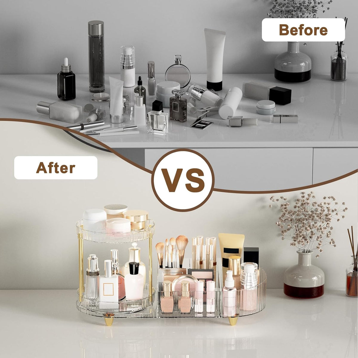 Makeup Organizer Countertop for Vanity, Rotating Perfume Tray with 5-compartment Cosmetic and Skincare Organizers, Multi-Purpose Desk Storage Makeup Brush Holder for Bathroom Bedroom Counter