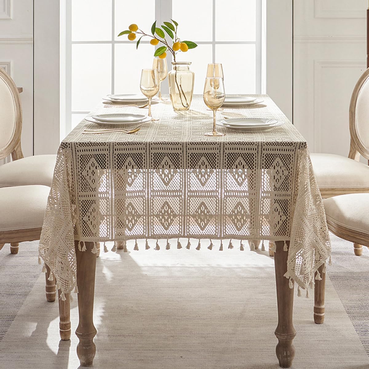 Bohemian Cotton Linen Tablecloth, Beige, 60"x70"