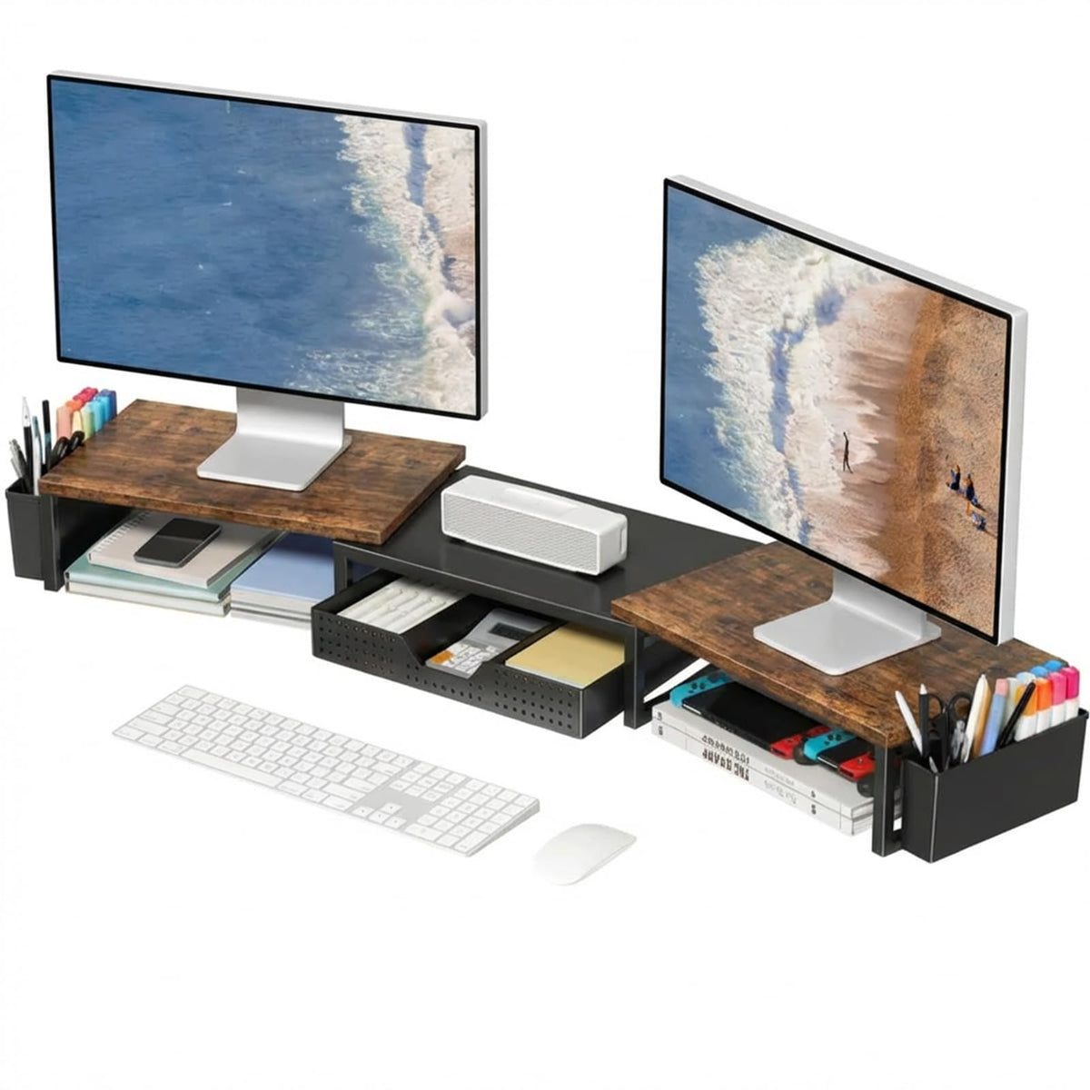 OPNICE Desk Organizers and Accessories, Dual Monitor Stand Riser with Drawer and 2 Pen Holders, Desk Shelf Computer Racks & Printer Stand for Office Workspace Organizers, Desktop Organization (Purple)