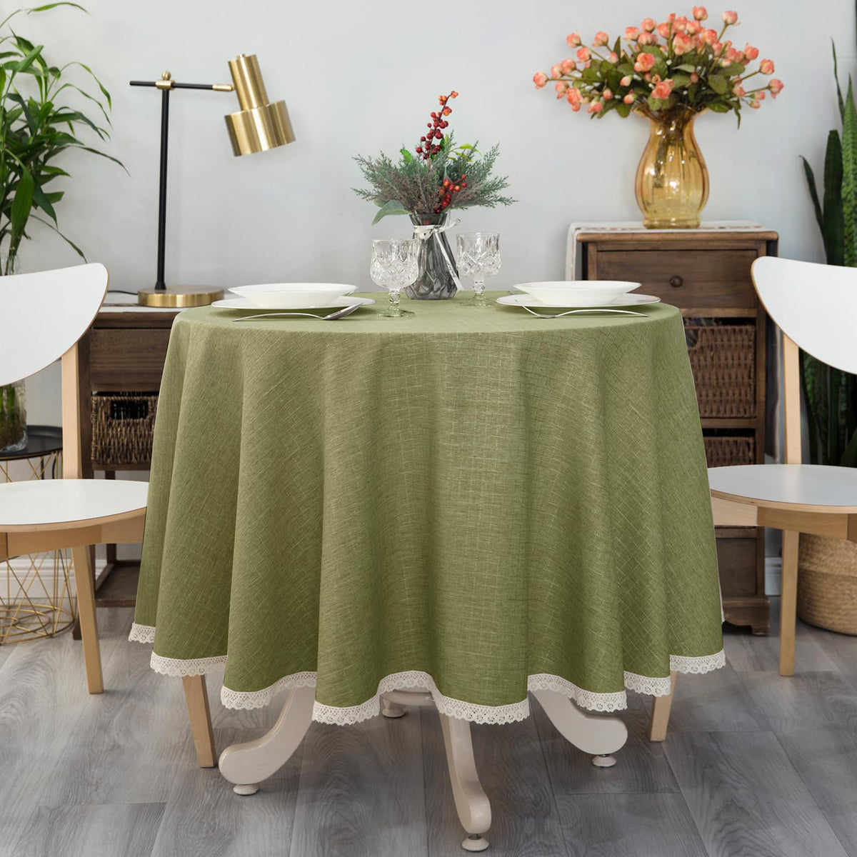 GLORY SEASON Textured Tablecloth Linen-Look Rustic Burlap Style Washable Solid Heavy Weight Lace Trim Rectangle Fabric Table Cloth,Table Cover for Kitchen Dinning Tabletop Decoration 55x70 in Beige