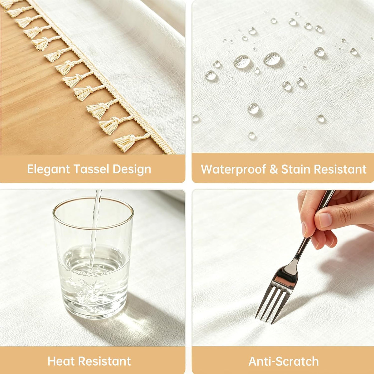 Alsoo Ivory Tablecloth Rectangle Linen Cotton Texture, Waterproof Heavy Duty Farmhouse Wrinkle Free Table Cloth with Tassel for Kitchen Dining Holiday Party, 55" x 75"