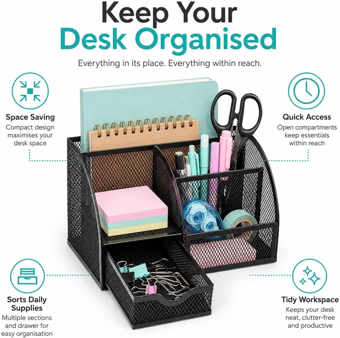 Exerz Desk Organizer 7 Compartment Pencil Holder Office Tidy Caddy Black