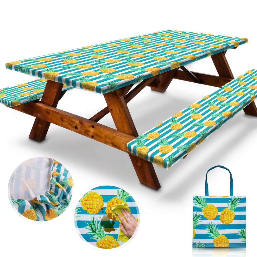 RNOONY Vinyl Fitted Picnic Table Cover with Bench Covers & Bag, 6 FT Outdoor Waterproof & Windproof Durable Tablecloth with Elastic Edges, Camping Essentials, RV Gear, 72x30 Inches - Black Checkered