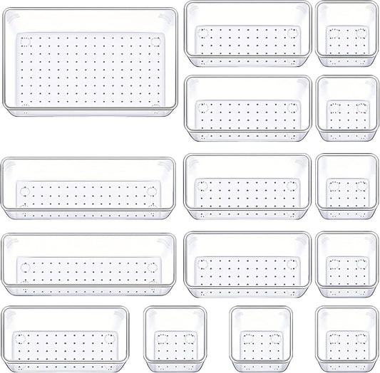 Manalete 15 Pcs Clear Plastic Drawer Organizer, Makeup & Vanity Organizer