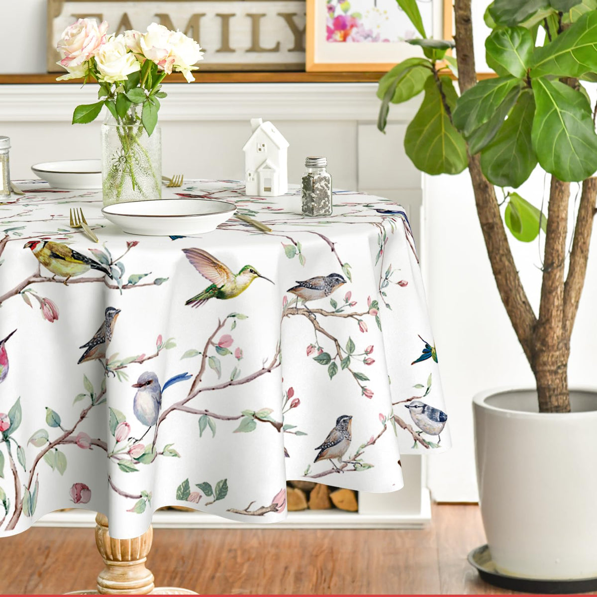 Horaldaily Spring Tablecloth 60 x 84 Inch Rectangular Birds Branch Beige