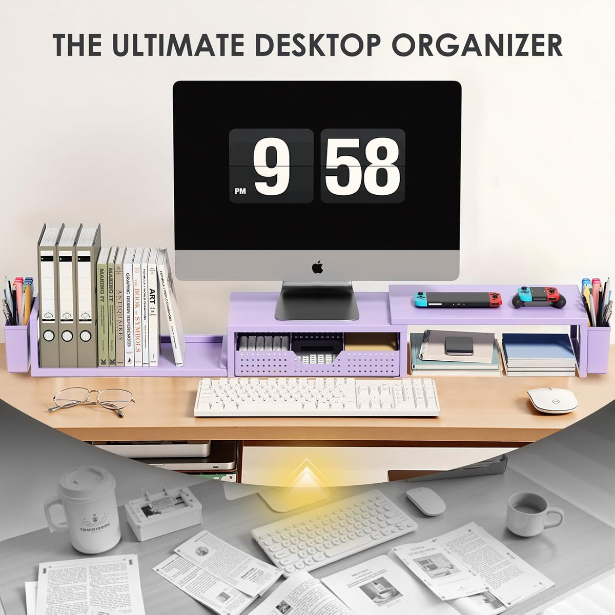 OPNICE Desk Organizers and Accessories, Dual Monitor Stand Riser with Drawer and 2 Pen Holders, Desk Shelf Computer Racks & Printer Stand for Office Workspace Organizers, Desktop Organization (Purple)