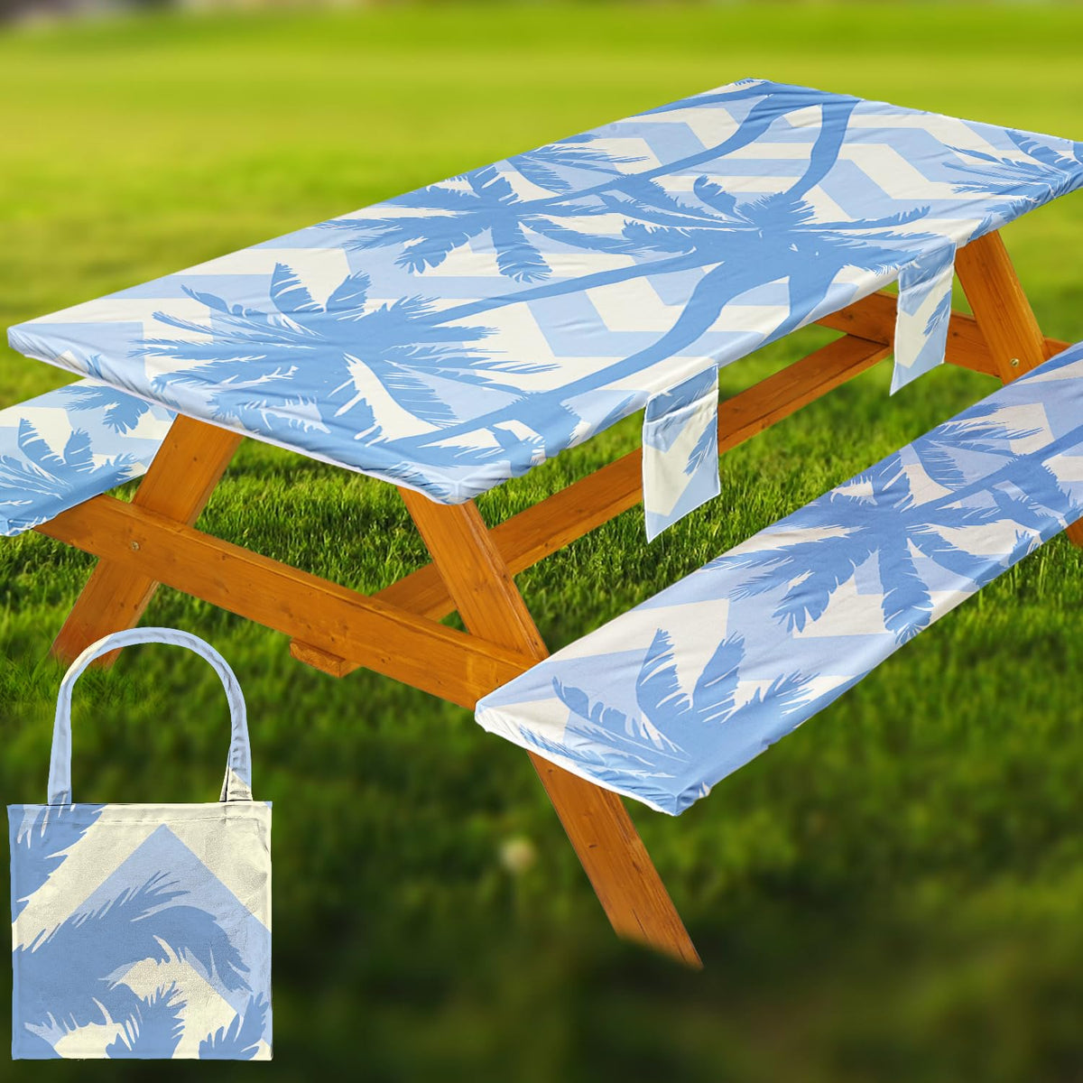 Fitted Picnic Table Cover with Bench Covers Vinyl Waterproof Elastic Edges Fitted Rectangle Tables Patio Tablecloth Camping Gear and Essentials Rv Accessories Road Trip Supplies Car Travel Must Haves