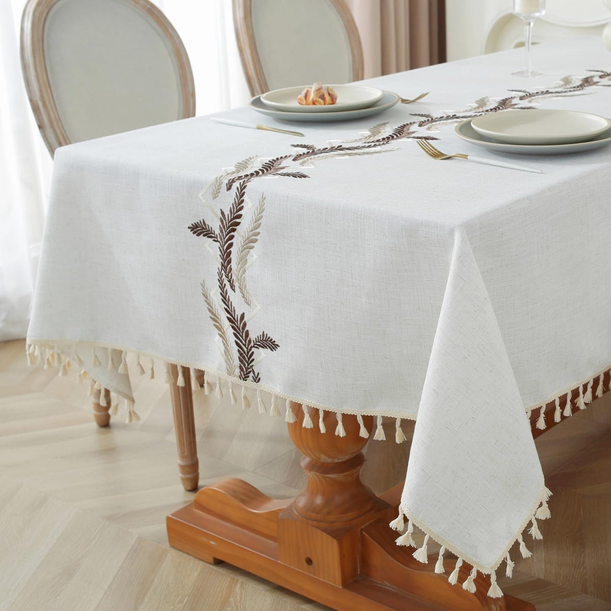 Alsoo Fall Tablecloth Rectangle Linen Style, Rustic Boho Farmhouse Outdoor Waterproof Cotton Table Cloth Wrinkle Free for Picnic Camping Party Kitchen Dining (Coffee Lines, 4-6 Seats, 55x75 Inches)