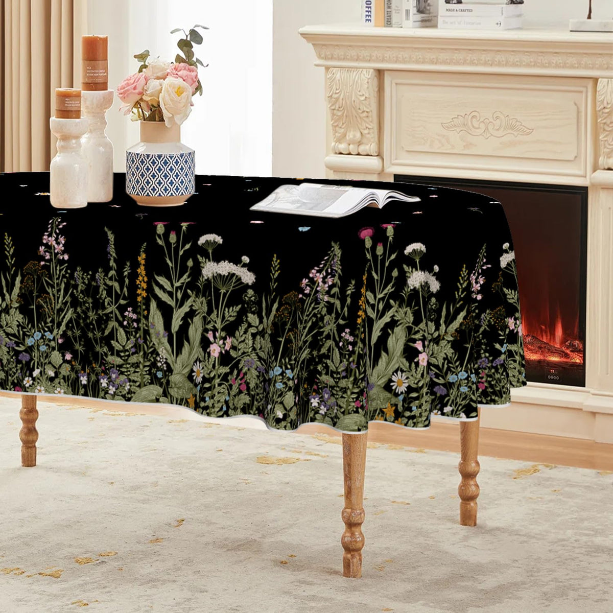 Horaldaily Spring Tablecloth 60 x 84 Inch Rectangular Black Wild Flower