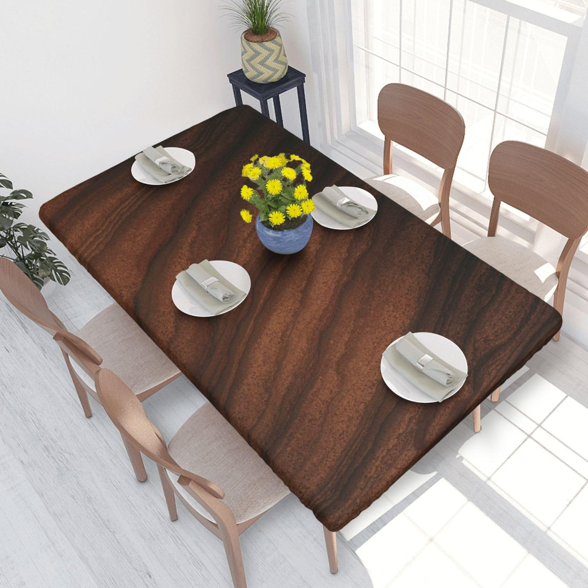 Tablecloth with Elastic Edge Black Brow Wood Grain Board Rectangle Waterproof Oil-Proof Table Cloth Washable Reusable Table Cover for Kitchen Dining, 5FT