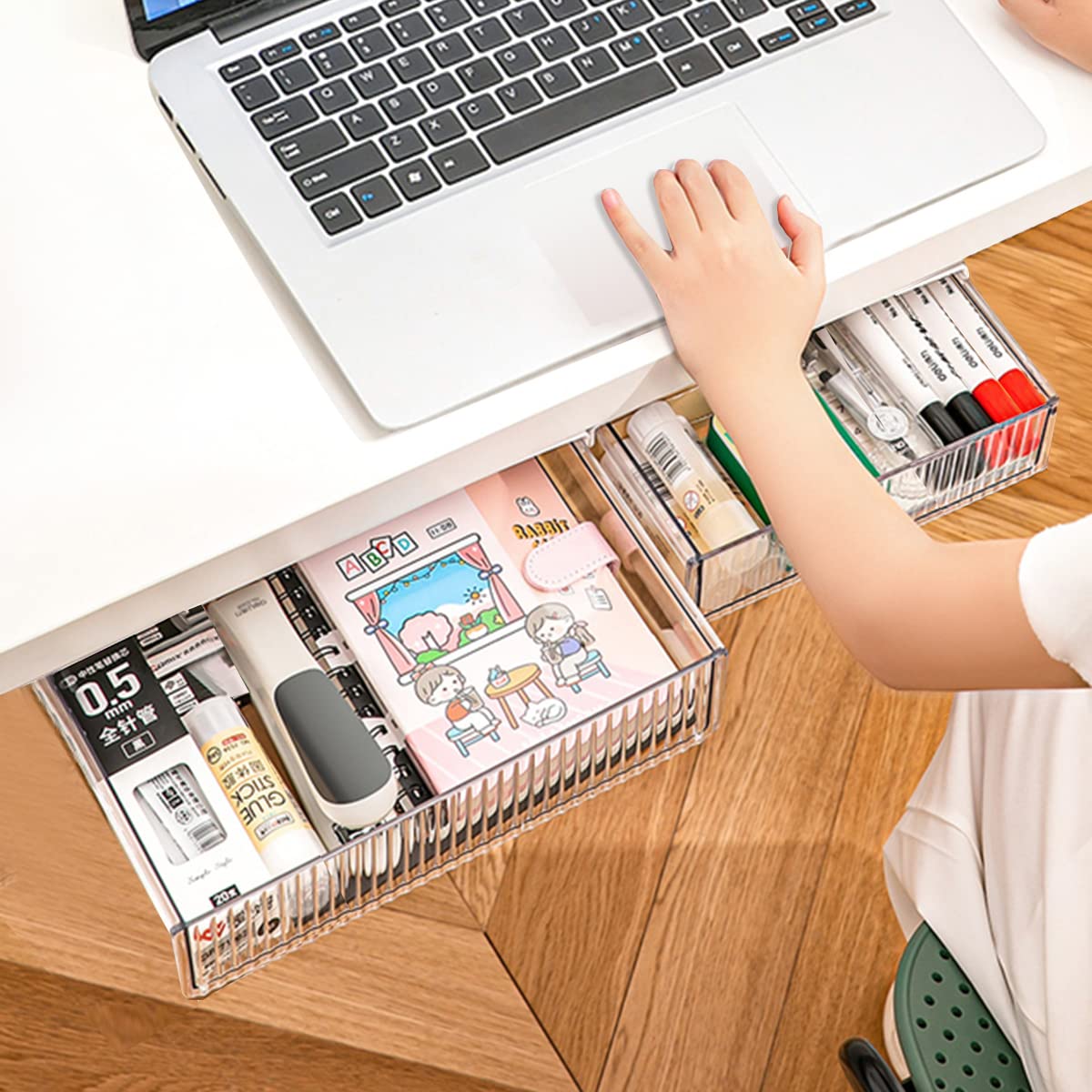 TooCust 2 Pack Under Desk Storage Drawers Slide Out-Drill-On or Self-Adhesive,Large&Medium Drawer Under Desk Organizer Under Table Drawer for Home Office School Organization and Storage