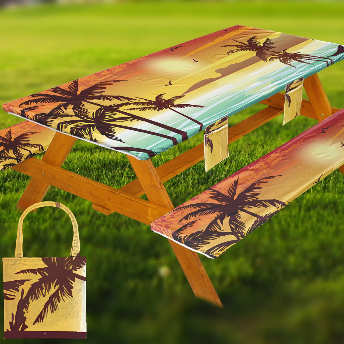 Fitted Picnic Table Cover with Bench Covers Vinyl Waterproof Elastic Edges Fitted Rectangle Tables Patio Tablecloth Camping Gear and Essentials Rv Accessories Road Trip Supplies Car Travel Must Haves