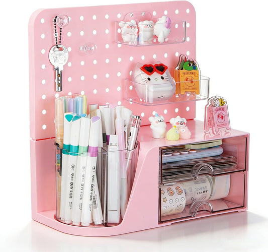 Comix Desk Organizer with 2 Drawer, Pink 360° Rotating Pen Holder for Desk
