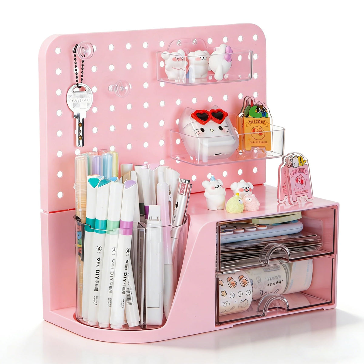 Comix Desk Organizer with 2 Drawer, Pink 360° Rotating Pen Holder for Desk