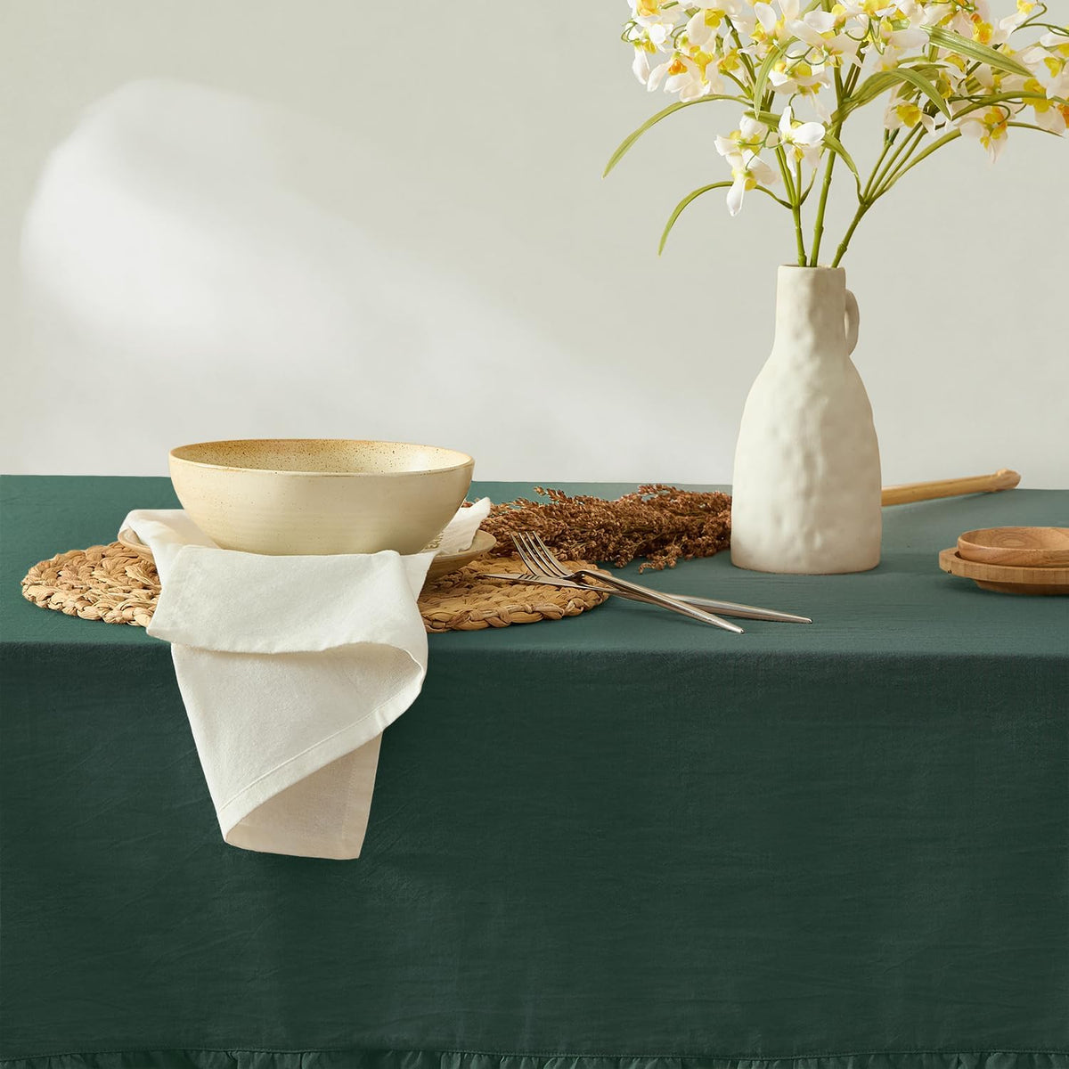 MONDAY MOOSE Ruffle Farmhouse Rustic Rectangle Natural Stonewashed Cotton Tablecloth for Kitchen, Dining Room, Restaurant (60x86 inch, Teal Green)