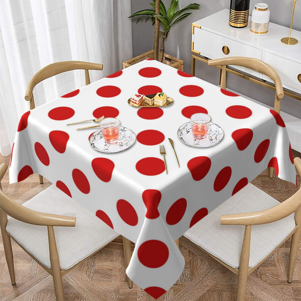 Square Tablecloth Black Polka Dots on Red Table Cover Washable Table Cloths for Kitchen Dinning Party Tabletop Modern Decoration 60 x 60inch