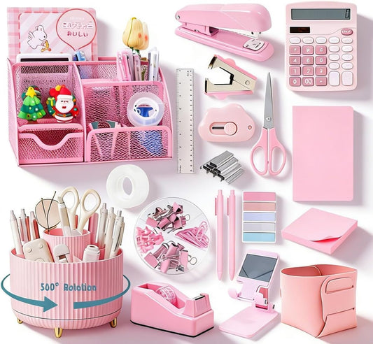 Gawsey Desk Organizers and Accessories with Desk Organizer 360° Rotating Pen Holder and Office Supplies, Cute Stationery Supplies Set (Pink)