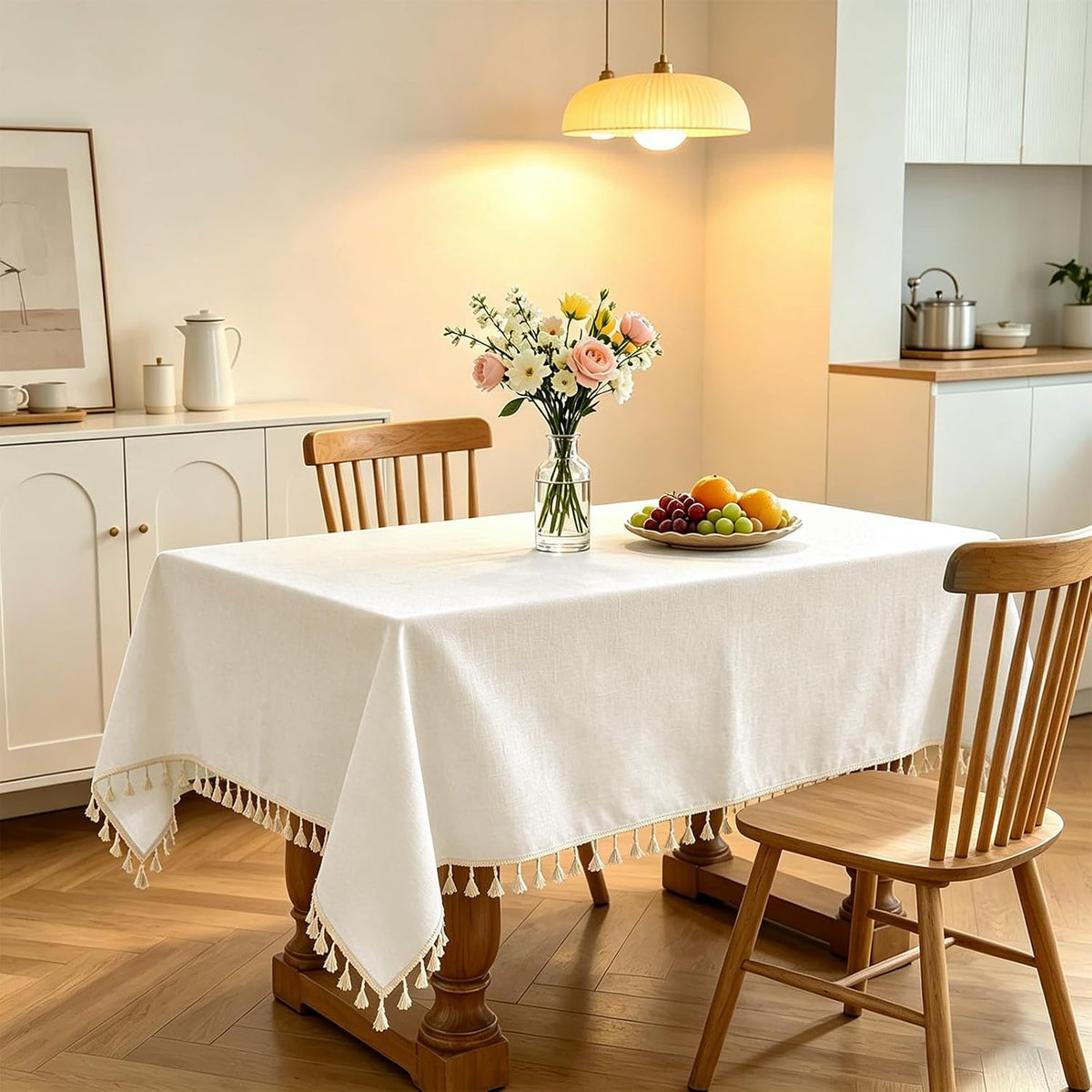 Alsoo Ivory Tablecloth Rectangle Linen Cotton Texture, Waterproof Heavy Duty Farmhouse Wrinkle Free Table Cloth with Tassel for Kitchen Dining Holiday Party, 55" x 75"