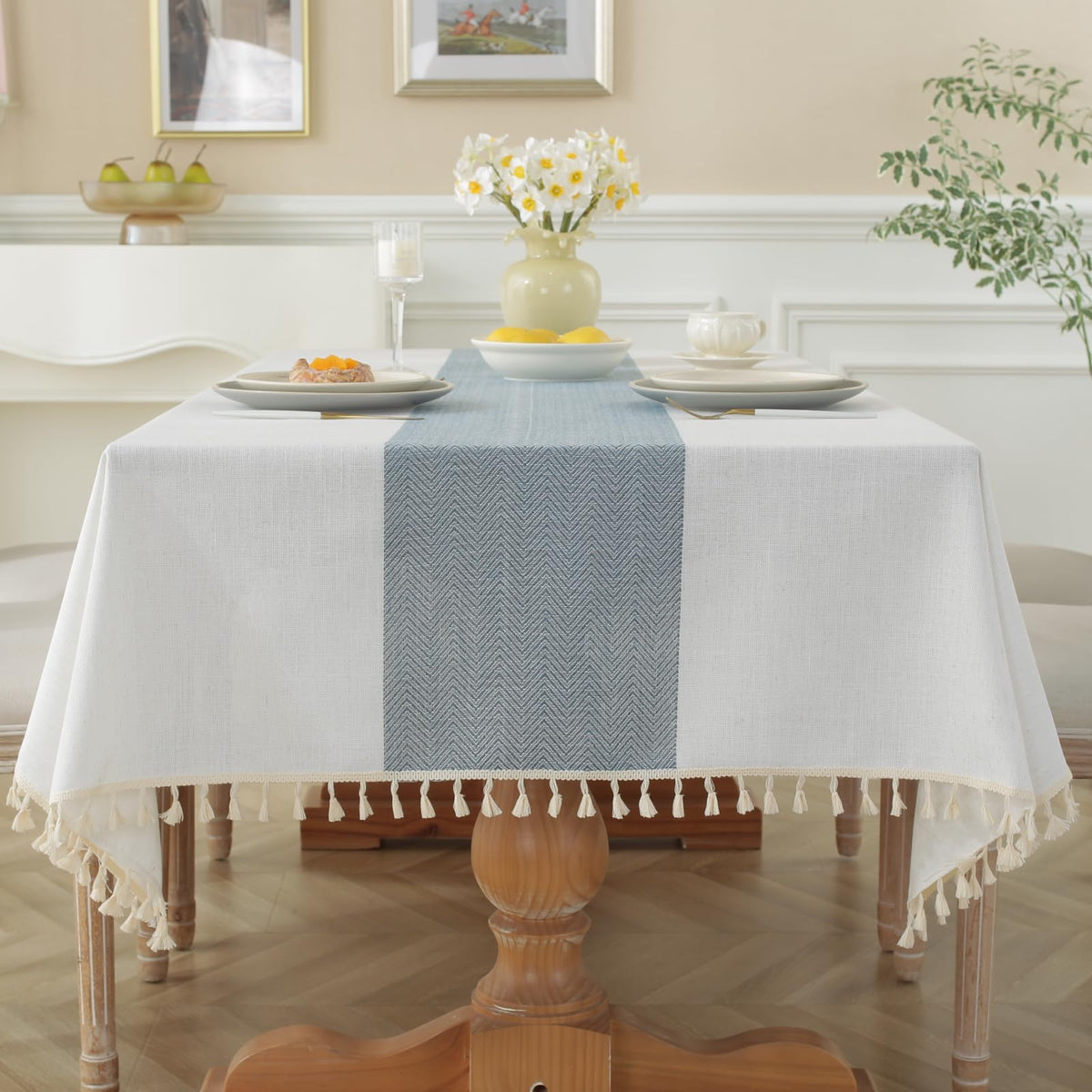 Alsoo Fall Tablecloth Rectangle Linen Style, Rustic Boho Farmhouse Outdoor Waterproof Cotton Table Cloth Wrinkle Free for Picnic Camping Party Kitchen Dining (Coffee Lines, 4-6 Seats, 55x75 Inches)