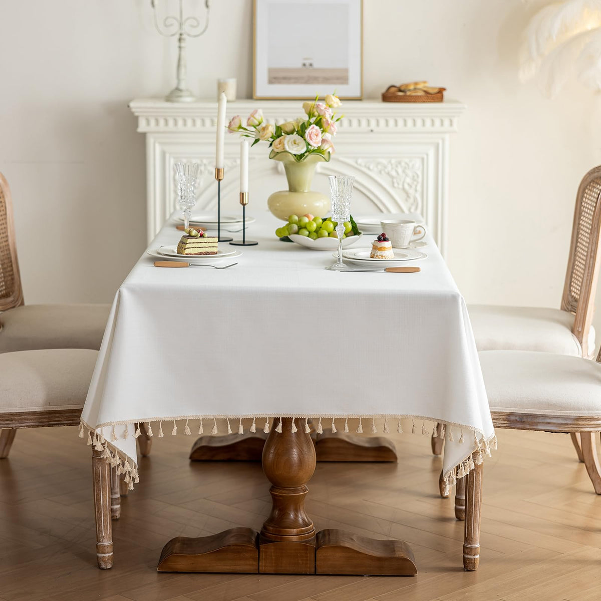 Heavyweight Polyester Square Tablecloth with Tassels, Warm Beige, 55 x 55