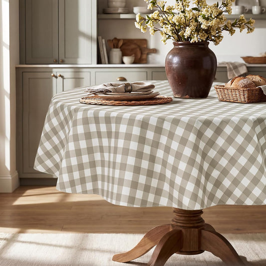 Seenus Khaki Gingham Cottage Vinyl Round Tablecloth with Flannel Backing, Waterproof Checkered Table Cloth Wipeable for Farmhouse Kitchen Patio Garden, 60 Inch Circular (Fits 30-48" Tables)