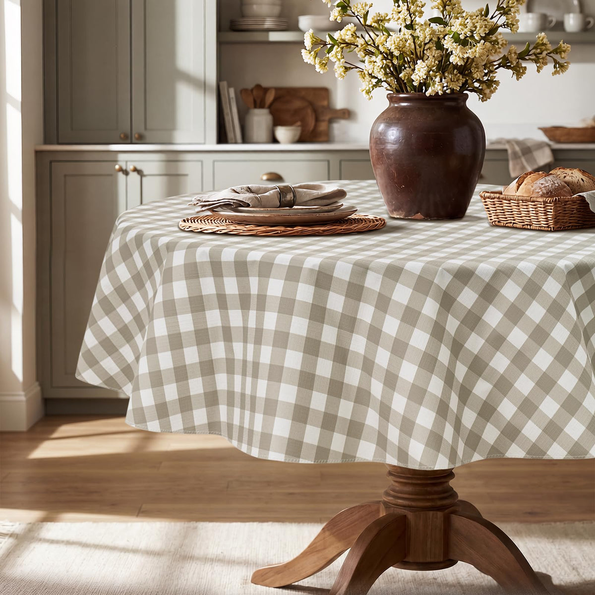 Seenus Khaki Gingham Cottage Vinyl Round Tablecloth with Flannel Backing, Waterproof Checkered Table Cloth Wipeable for Farmhouse Kitchen Patio Garden, 60 Inch Circular (Fits 30-48" Tables)
