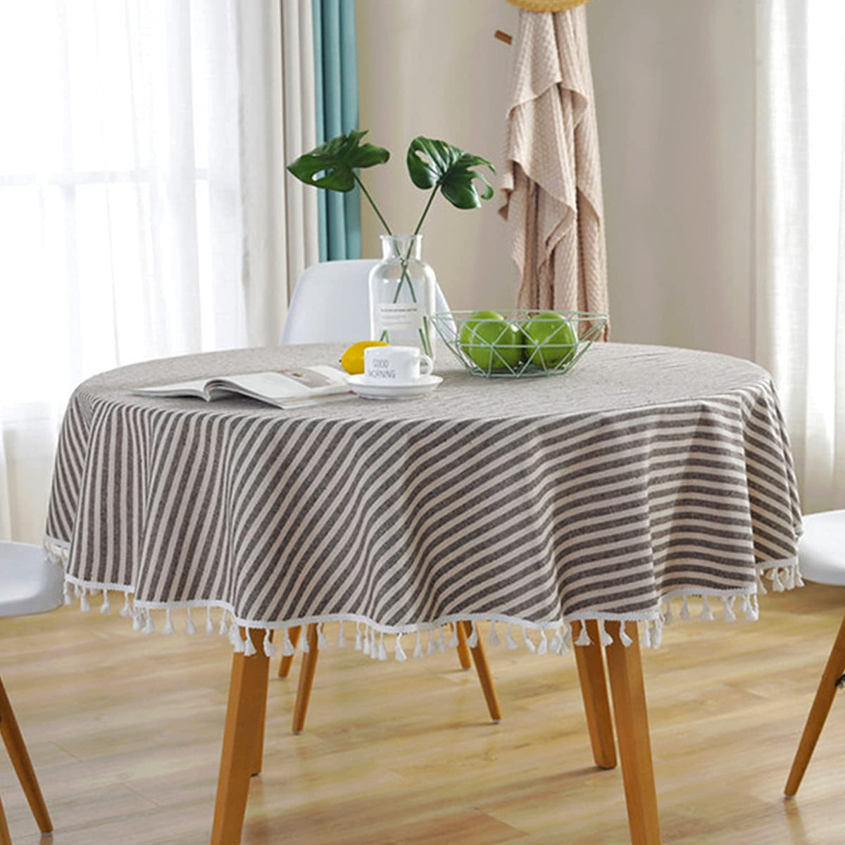 meioro Table Cloth Blue White Striped Tablecloth Tassels Cotton Blend Dust-Proof Table Cover for Dining Coffee Buffet Kitchen Picnic Tables, Parties Indoor Outdoor Square Tablecloths (36x36 Inch)