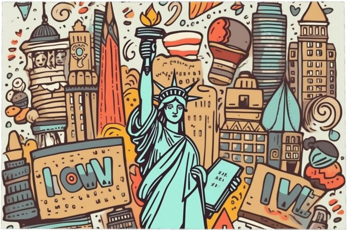 Cartoon Cute New York American Theme Art Tablecloths for Rectangle Tables, Stain and Wrinkle Resistant Washable Table Cover Modern 55" X 35" Table Cloth for Kitchen Dining Picnic Party Decor