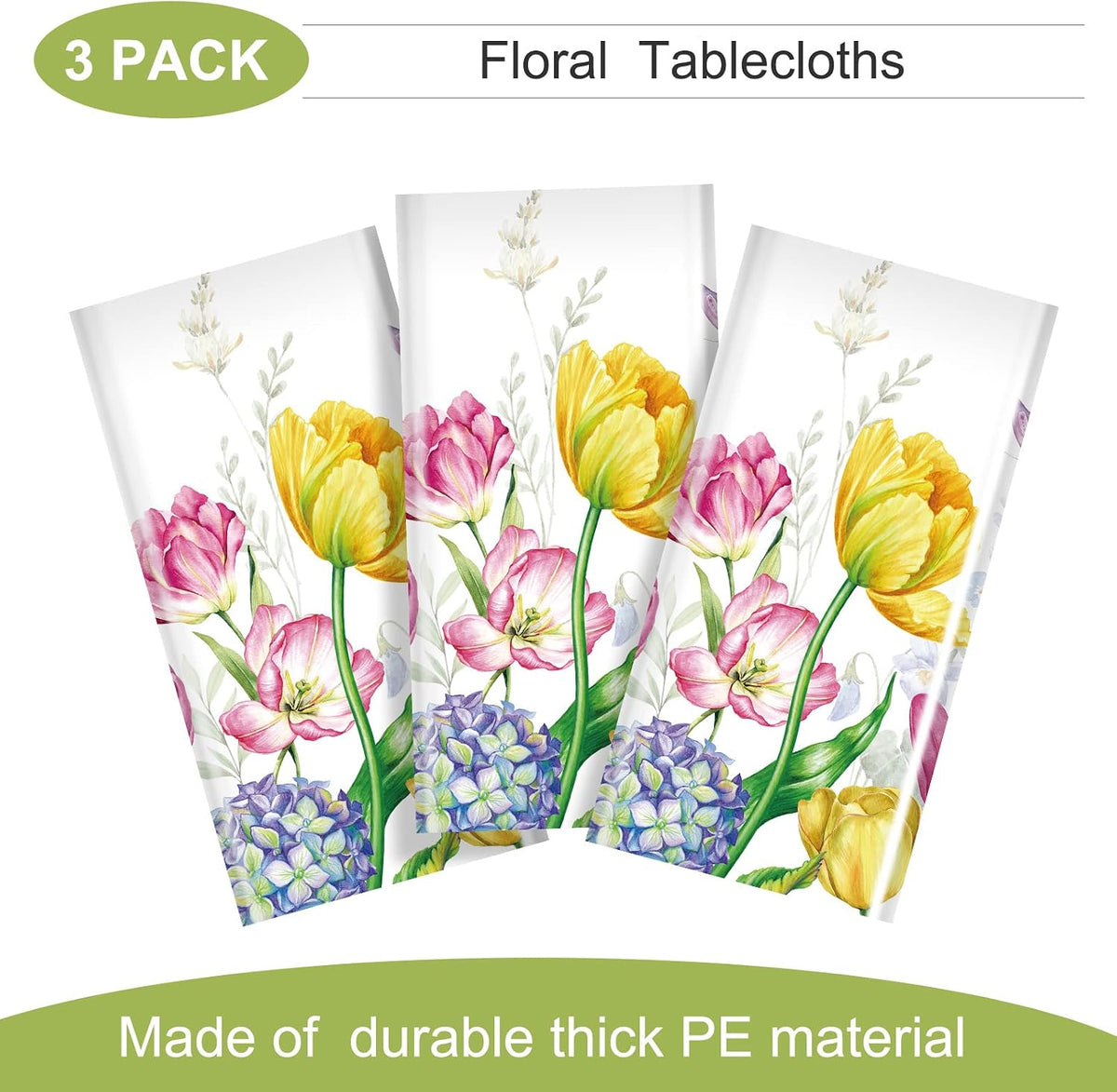 Boyiee 3Pcs Spring Floral Tablecloth Plastic Flower TableCover, Fresh Style