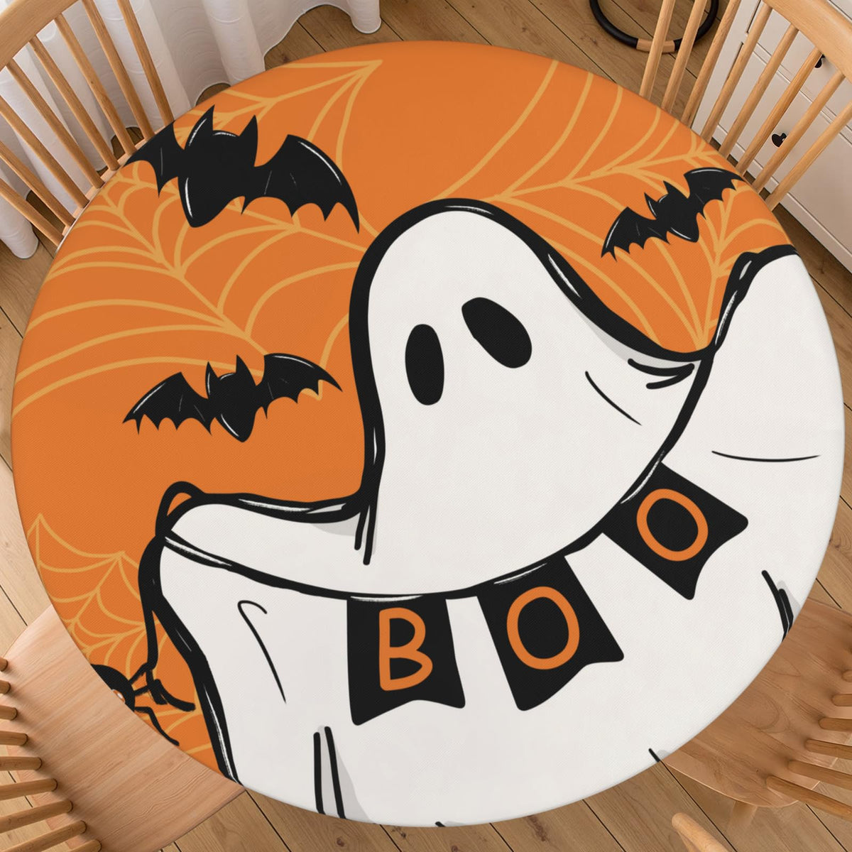 Halloween Polka Dot Round Fitted Tablecloth with Elastic Black Cat Ghost Pumpkin Bat Bowtie Whimsical Table Cloth Decorative Washable Spooky Cute Table Cover Outdoor Kitchen Dining for 44"-48" Table