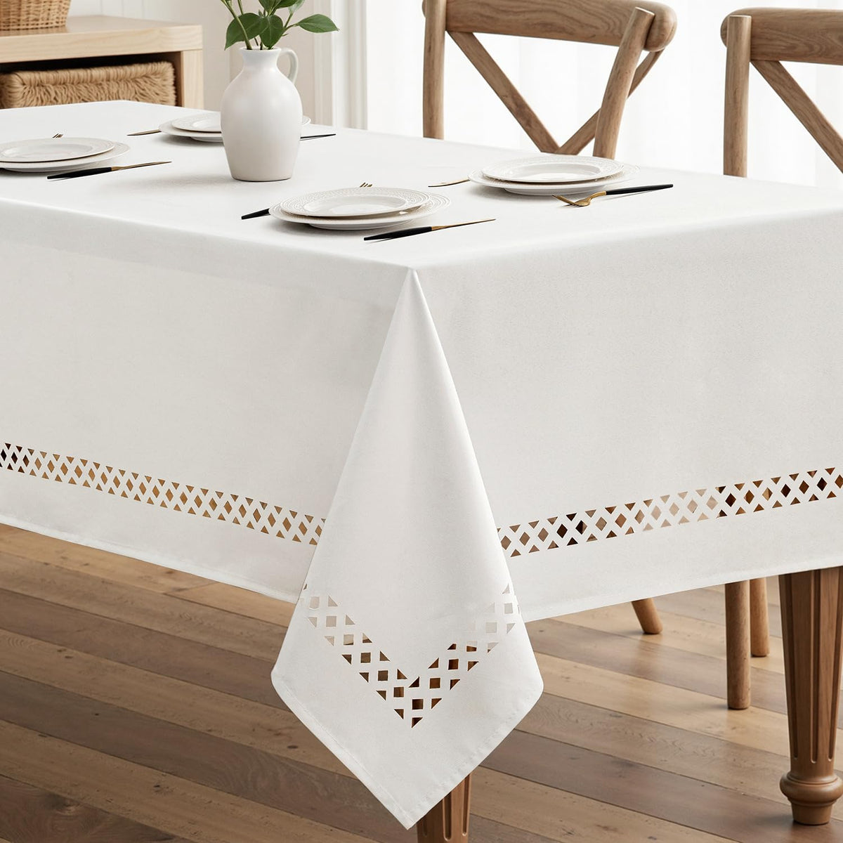 MIULEE Beige Rectangle Tablecloth with Decorative Cutouts 60x84 Inch